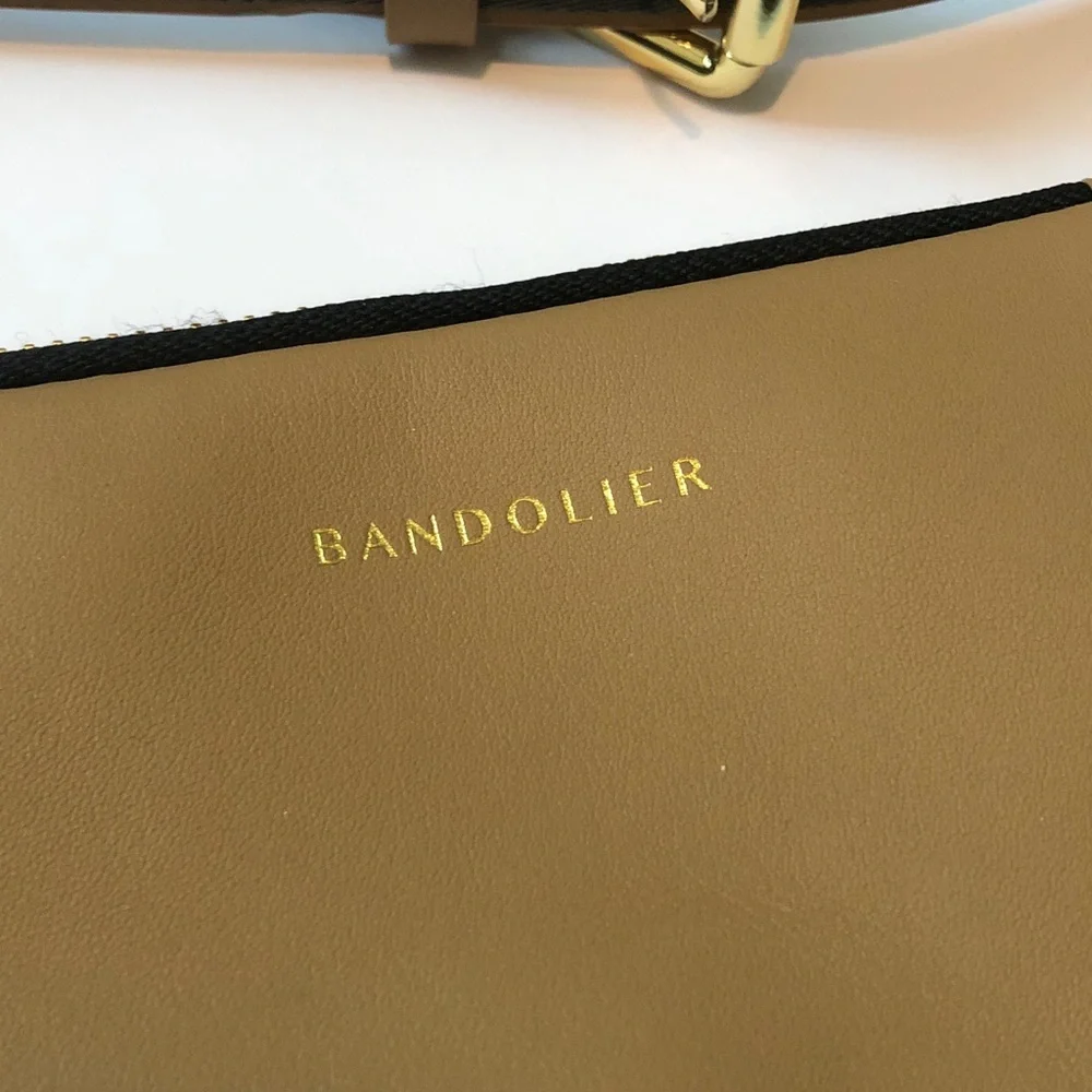 Bandolier tan mini crossbody bag/red & green strap